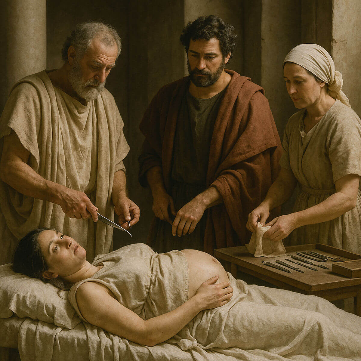 An ancient Roman Caesarean section just before the procedure begins